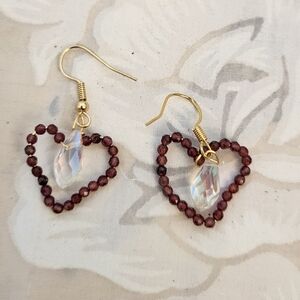 Handmade Garnet Heart Earrings with AB Crystal Teardrop – 18k Gold Plated Earwir